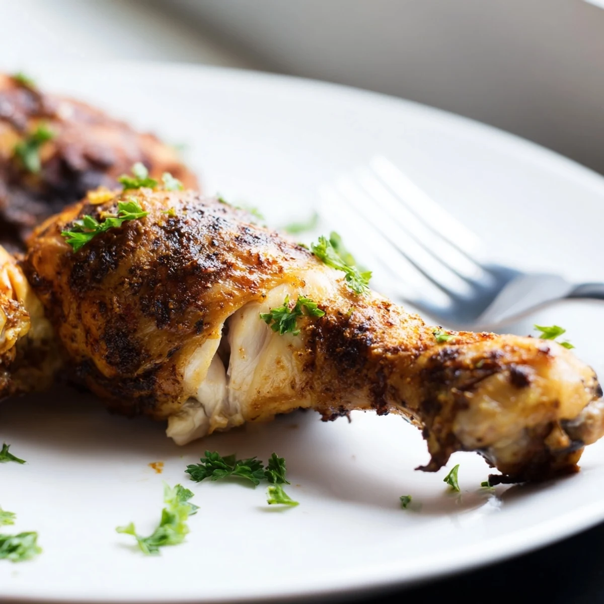 Crispy skinned buttermilk roasted chicken resting on a serving platter alongside bright lemon wedges