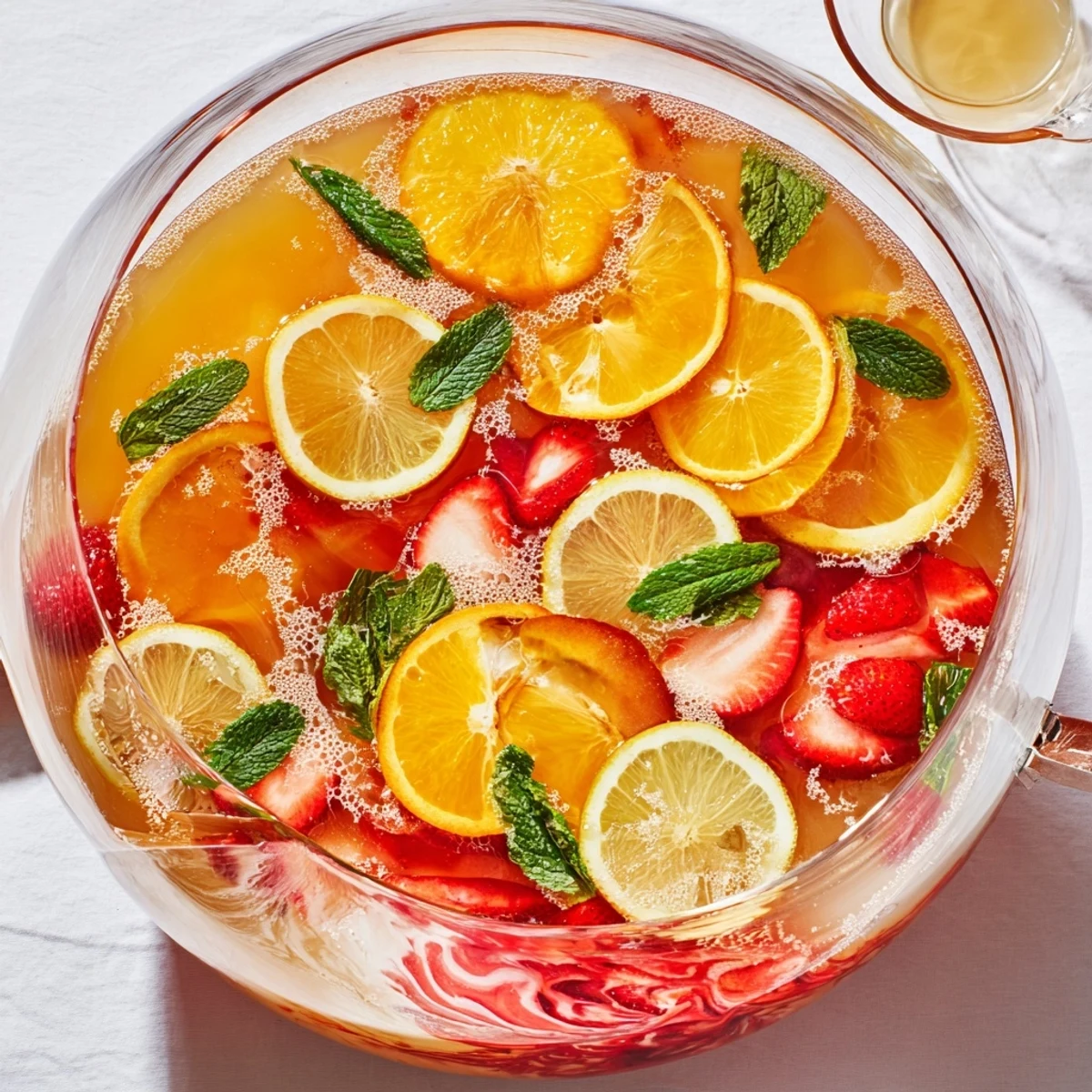Festive Easter Punch bowl garnished with fresh orange slices, strawberries, and mint leaves