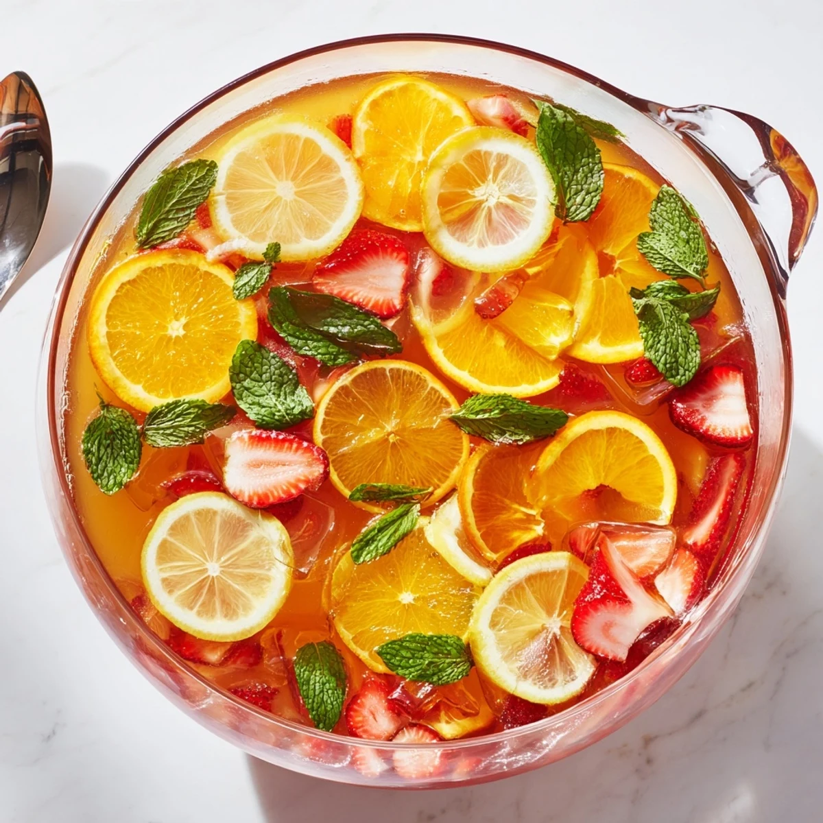 Refreshing non-alcoholic Easter Punch with colorful mixed fruit floating in a large glass pitcher