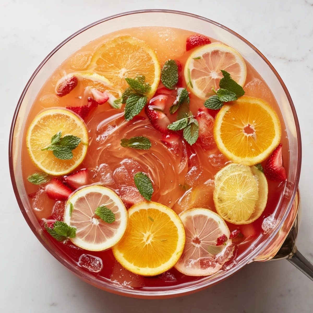 Spring Easter Punch featuring layered fruit juices and citrus garnishes on an elegant holiday table