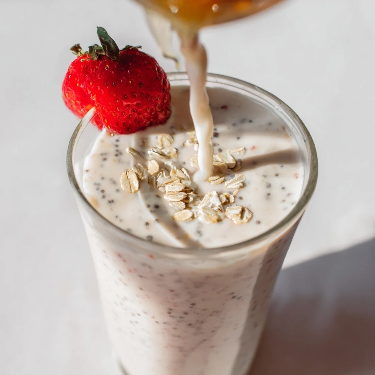 Thick purple Greek yogurt breakfast smoothie topped with fresh berries in a clear glass