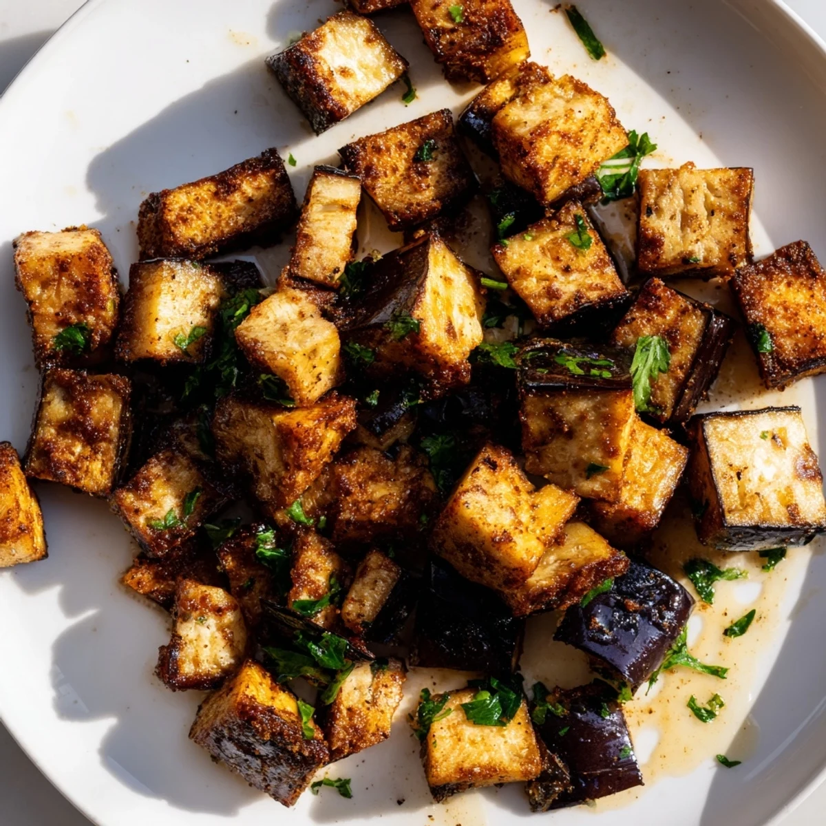 Golden brown low calorie air fryer eggplant cubes arranged on a white serving plate