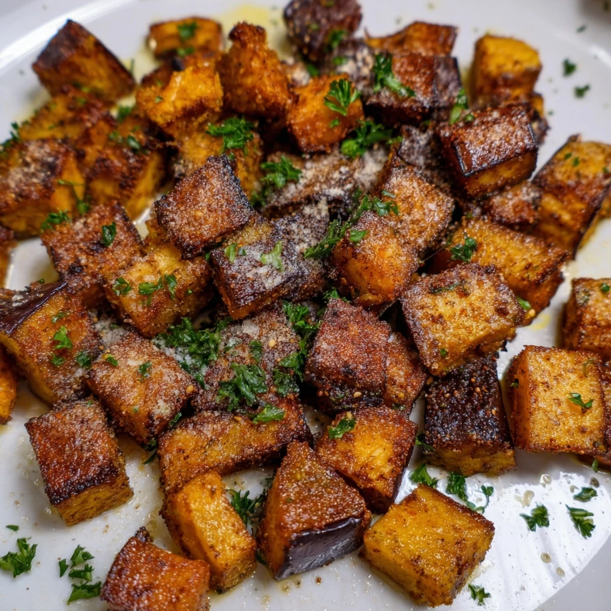 Crispy roasted eggplant bites seasoned with paprika and garlic from the air fryer basket