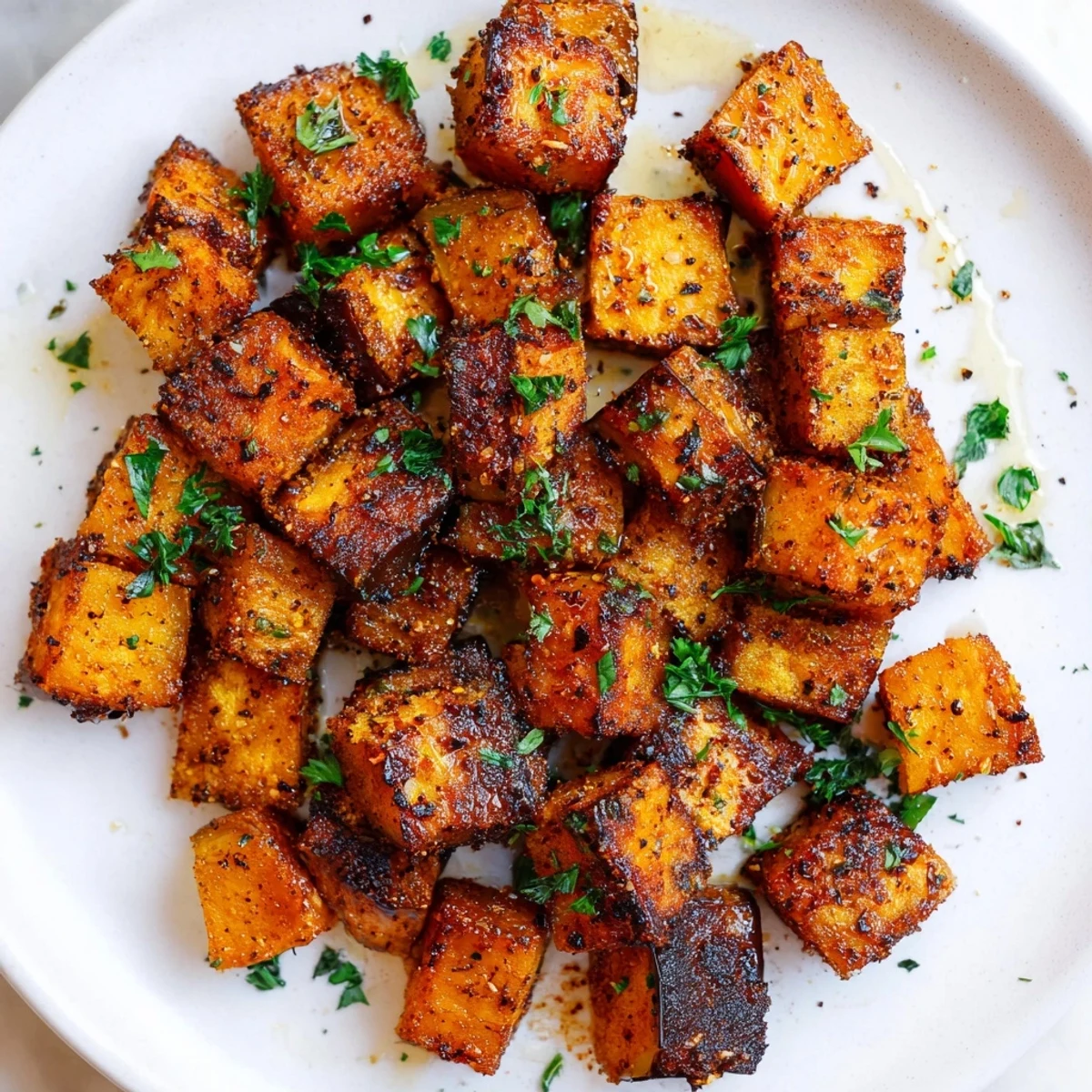 Mediterranean style low calorie air fryer eggplant garnished with fresh parsley and lemon
