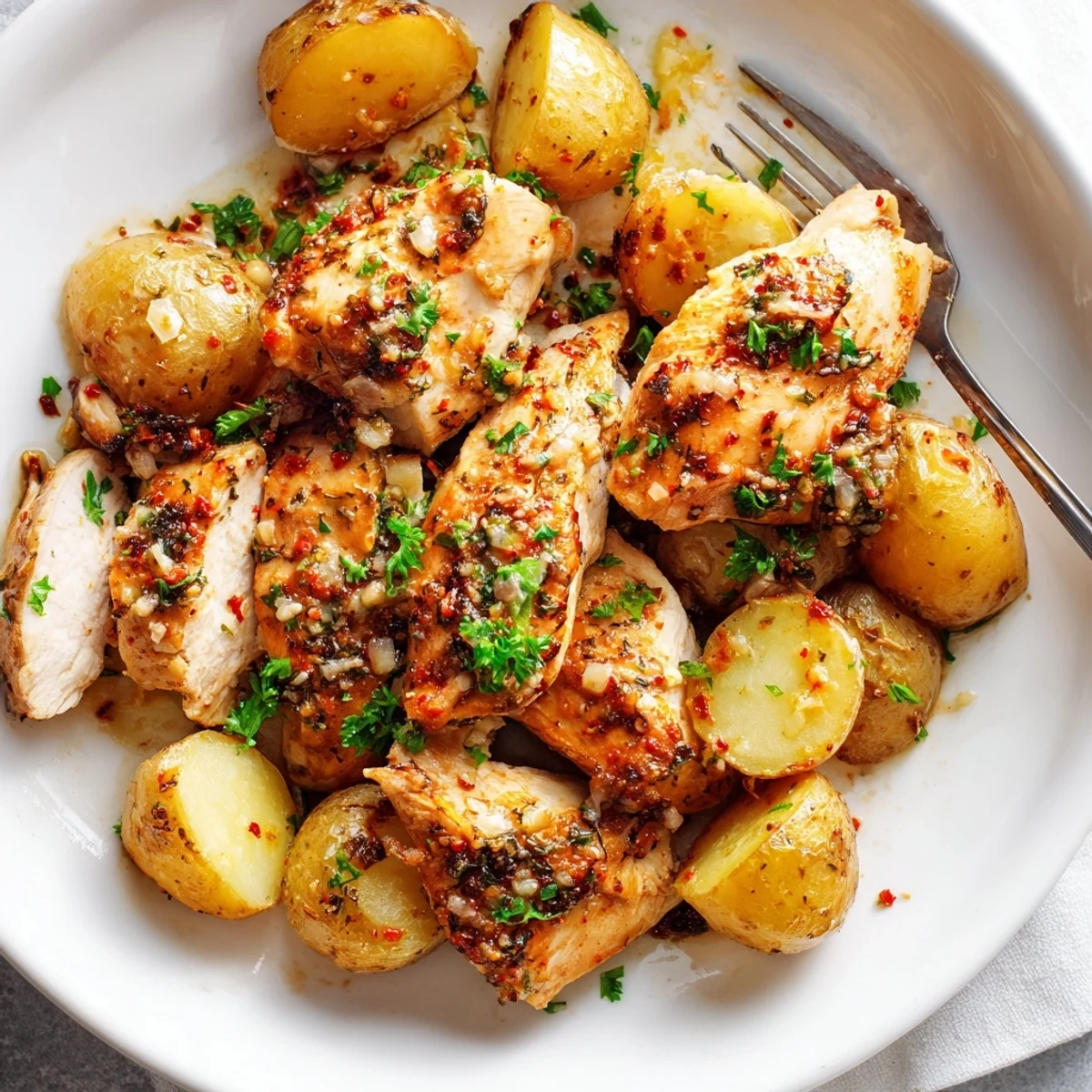 Golden roasted garlic Parmesan chicken and potatoes baked on a sheet pan with crispy edges