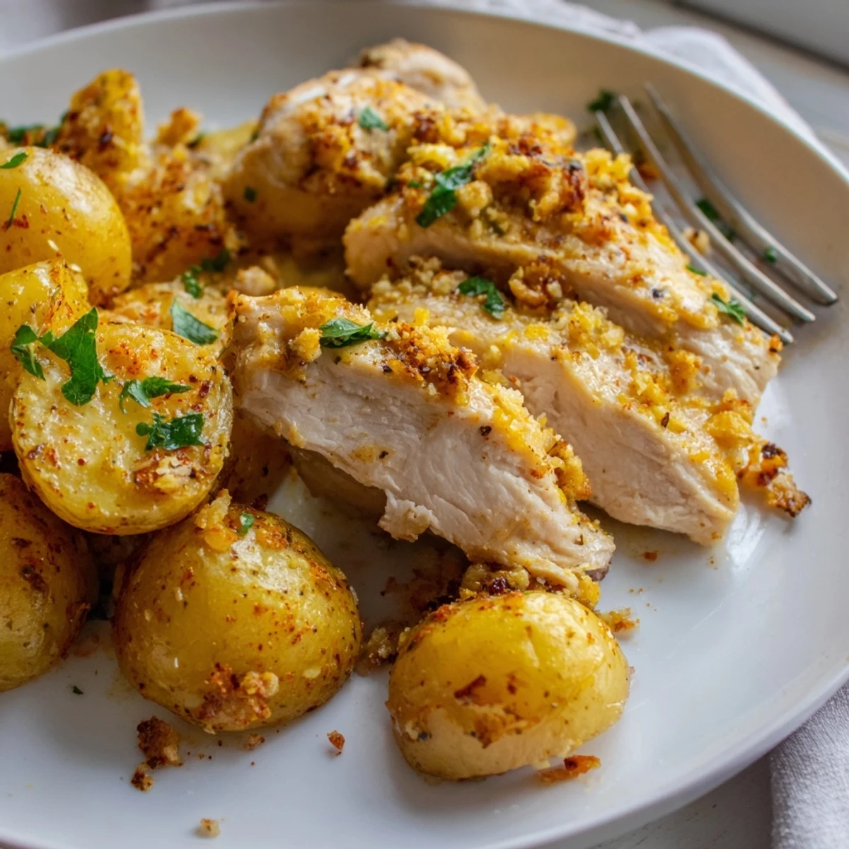 Tender chicken breasts nestled beside baby gold potatoes coated in melted garlicky Parmesan cheese