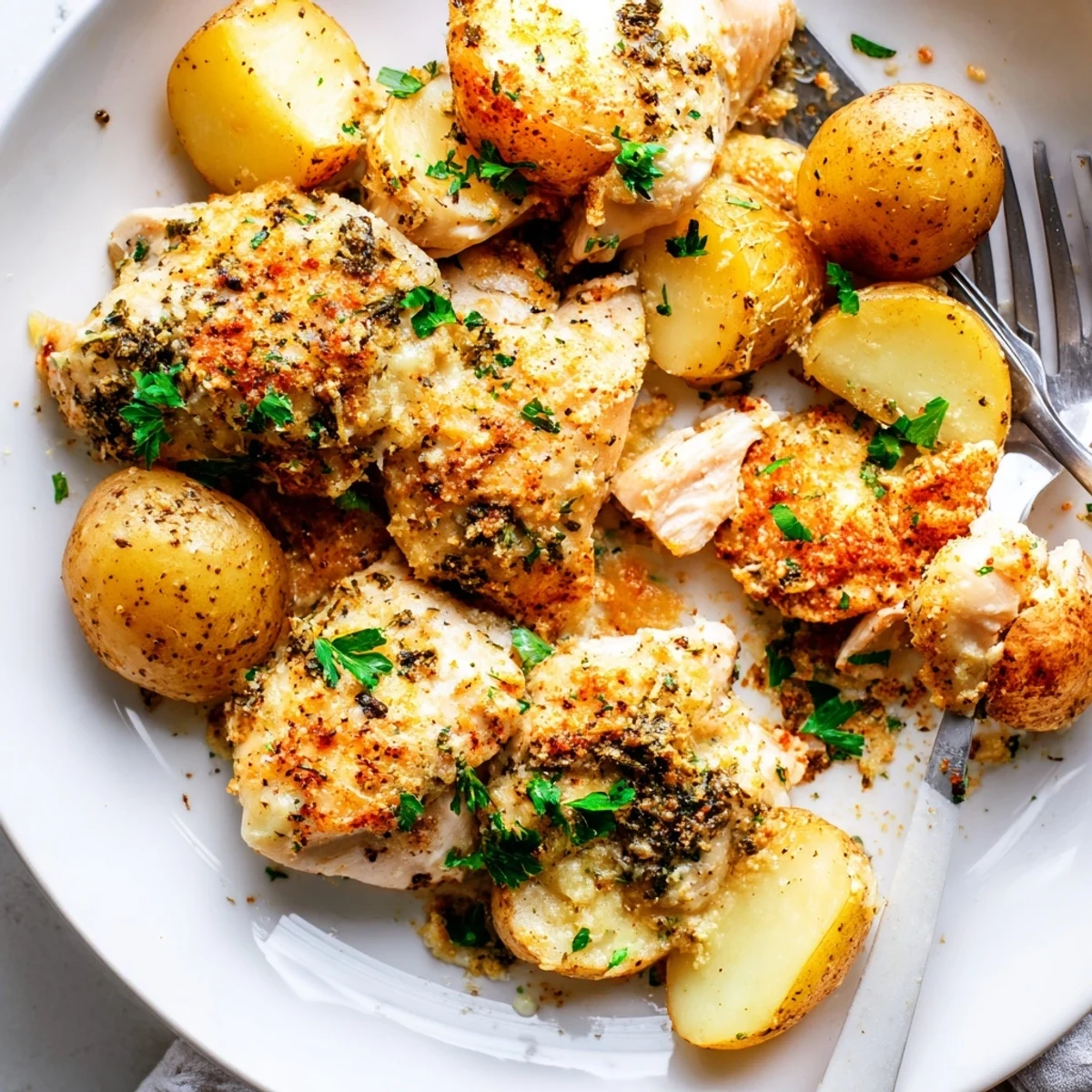 Homemade garlic Parmesan chicken and potatoes dinner sprinkled with fresh parsley on a white baking sheet
