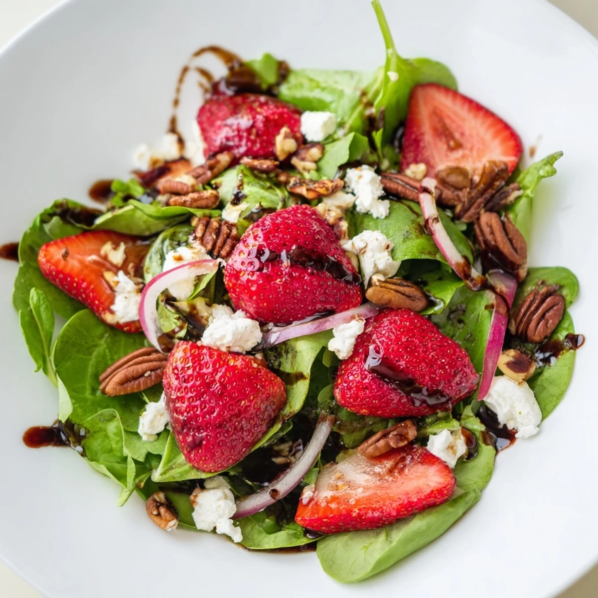 Fresh Strawberry Fields Salad with juicy red berries, creamy goat cheese, and toasted pecans on mixed greens