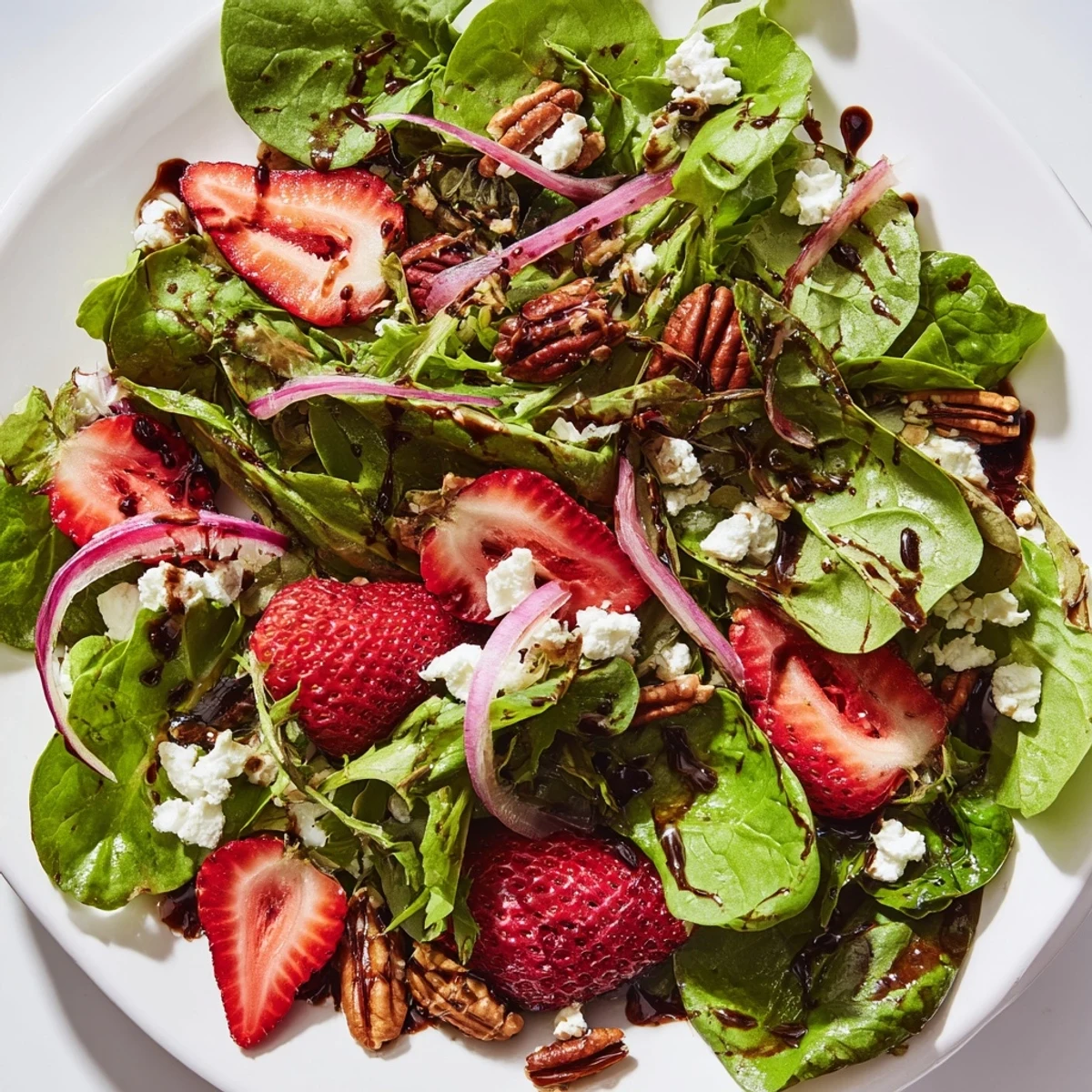 Vibrant Strawberry Fields Salad topped with sweet strawberries, crumbled goat cheese, and crunchy nuts over fresh salad greens