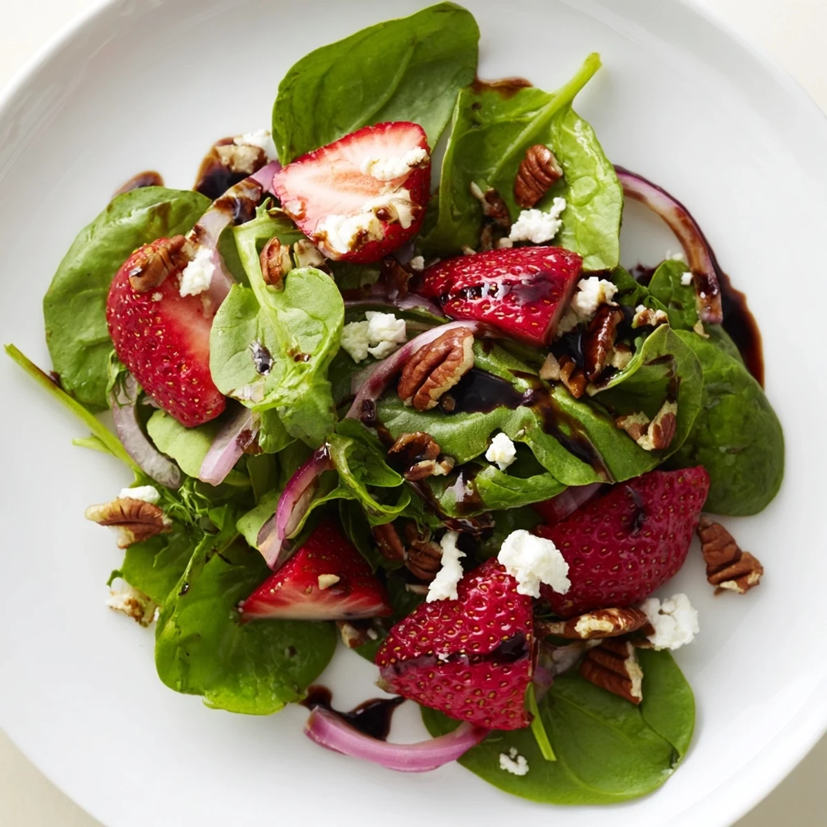 Colorful Strawberry Fields Salad bowl featuring sliced strawberries, crisp vegetables, and tangy cheese drizzled with balsamic dressing