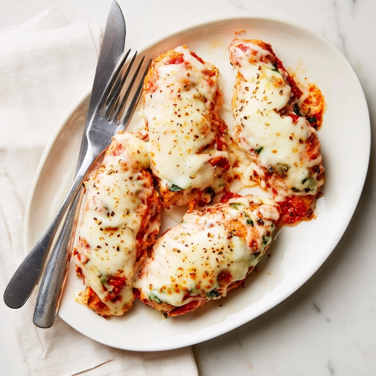 Golden baked ricotta chicken breasts stuffed with spinach and herbs on a white plate