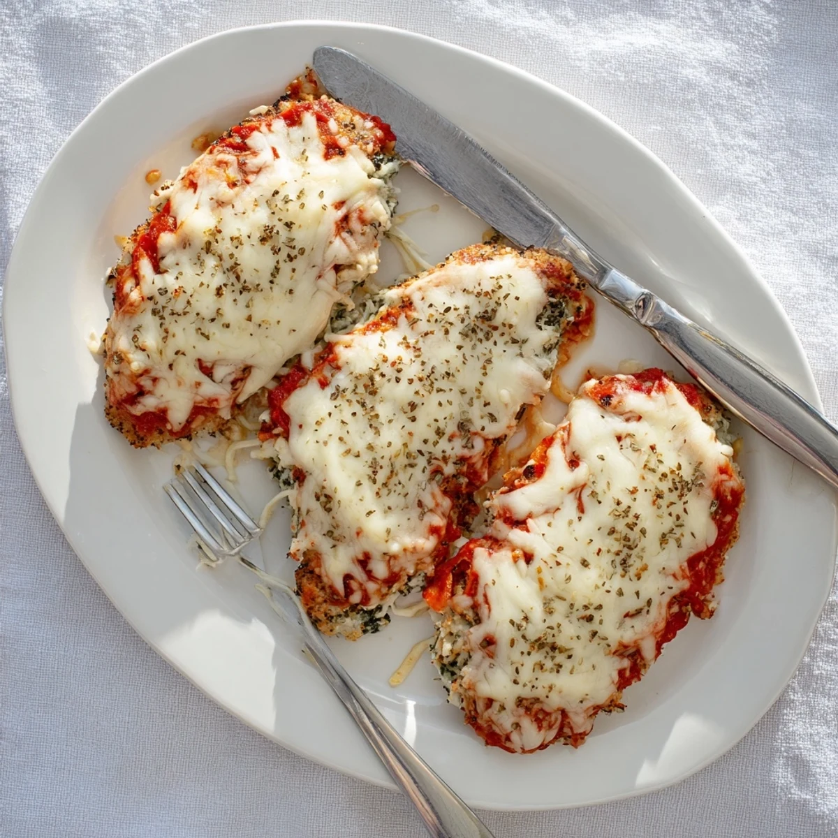 Tender stuffed chicken topped with melted mozzarella cheese fresh from the oven