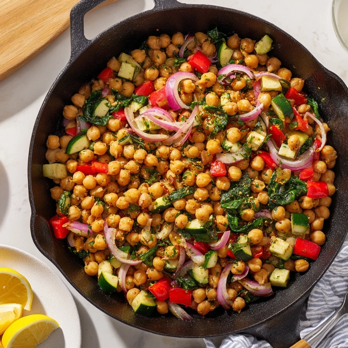 Golden chickpea lemon skillet bubbling with colorful vegetables in a cast iron pan