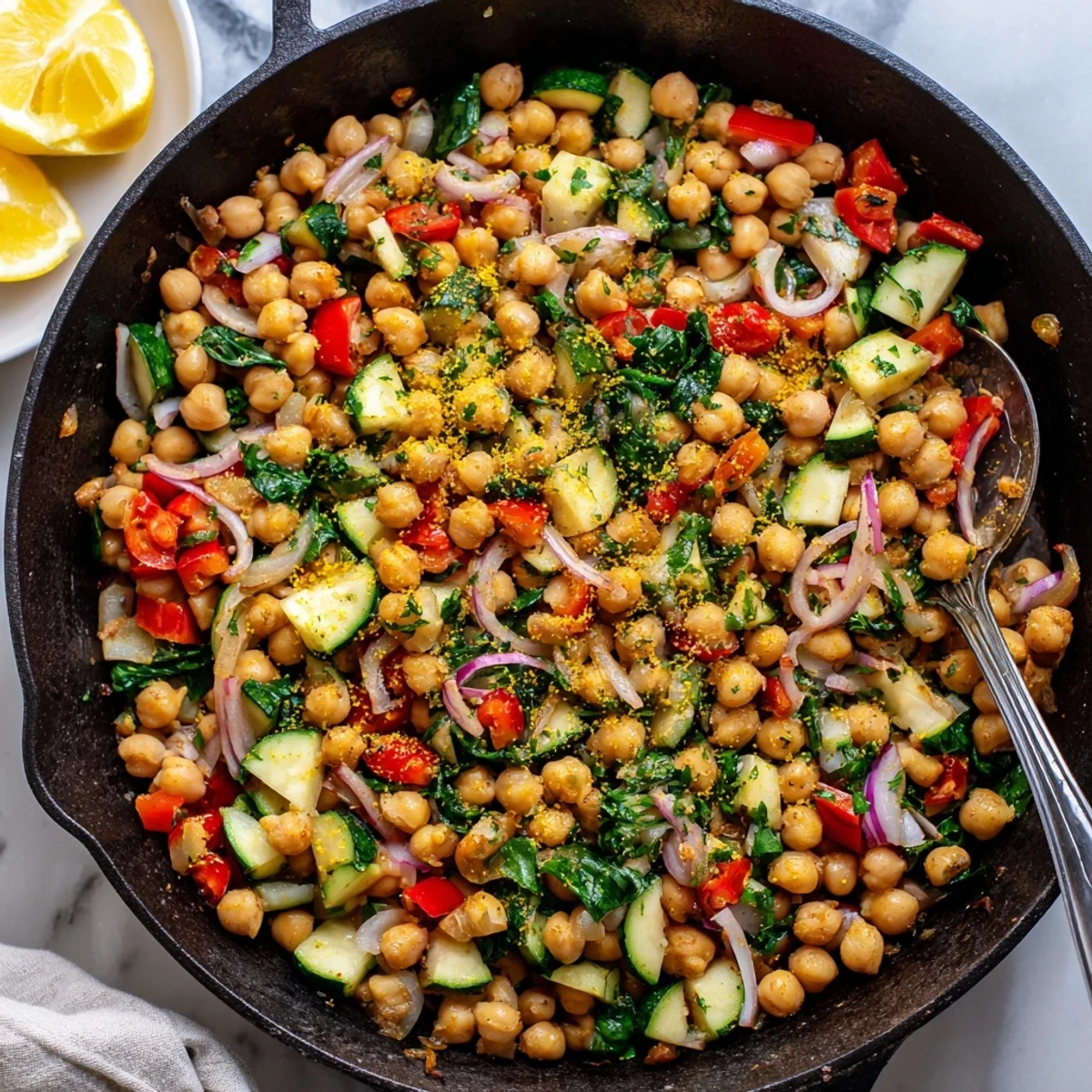 Mediterranean chickpea lemon skillet featuring wilted spinach and zesty garnish on white plate