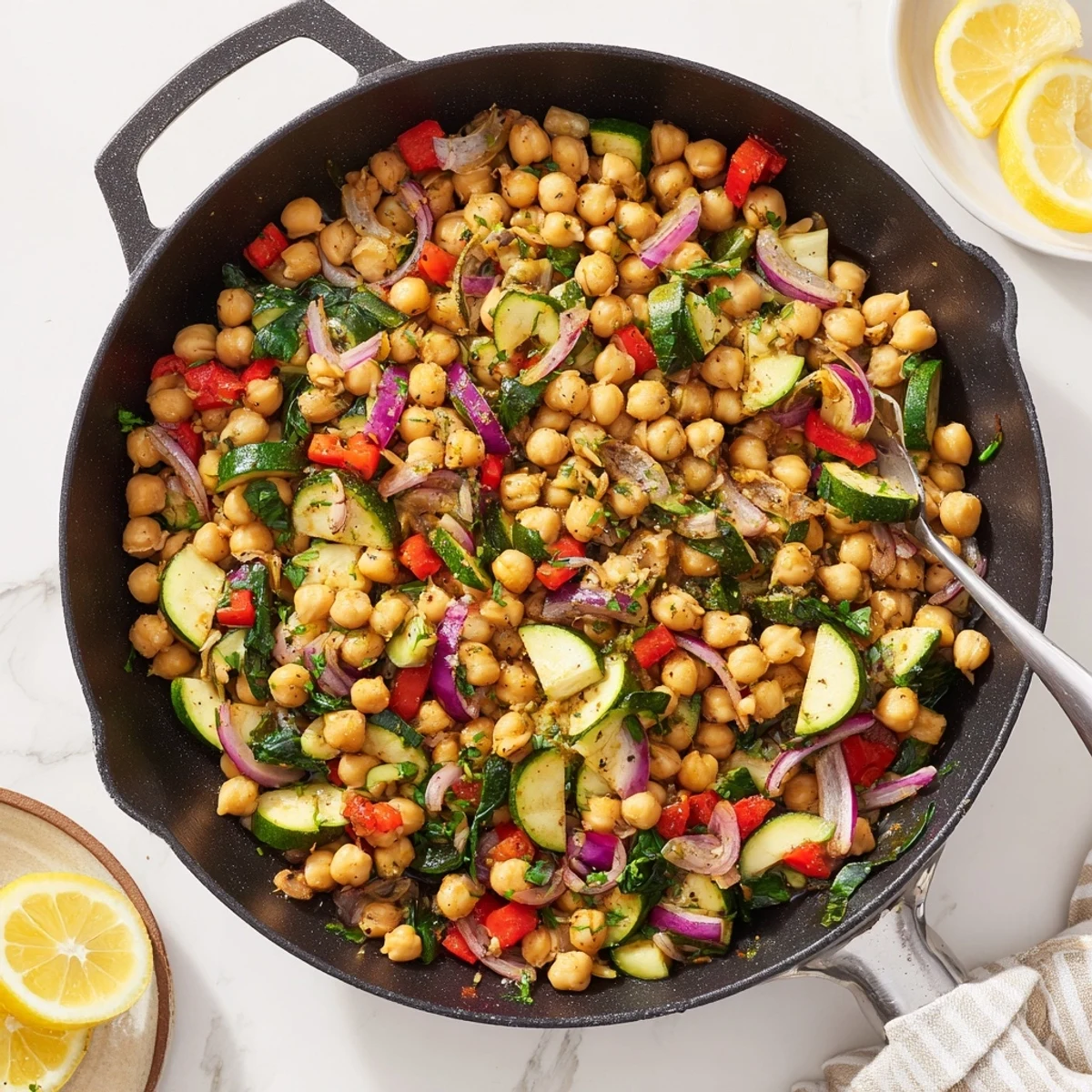 Protein-packed chickpea lemon skillet with fresh parsley garnish and lemon wedges on table