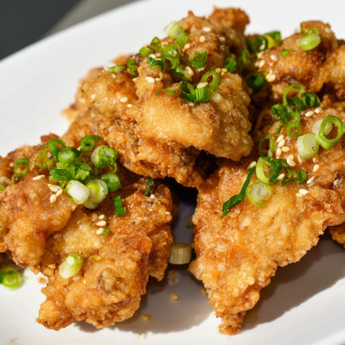 Golden brown mochiko chicken pieces arranged on a white serving platter garnished with fresh green onions and sesame seeds