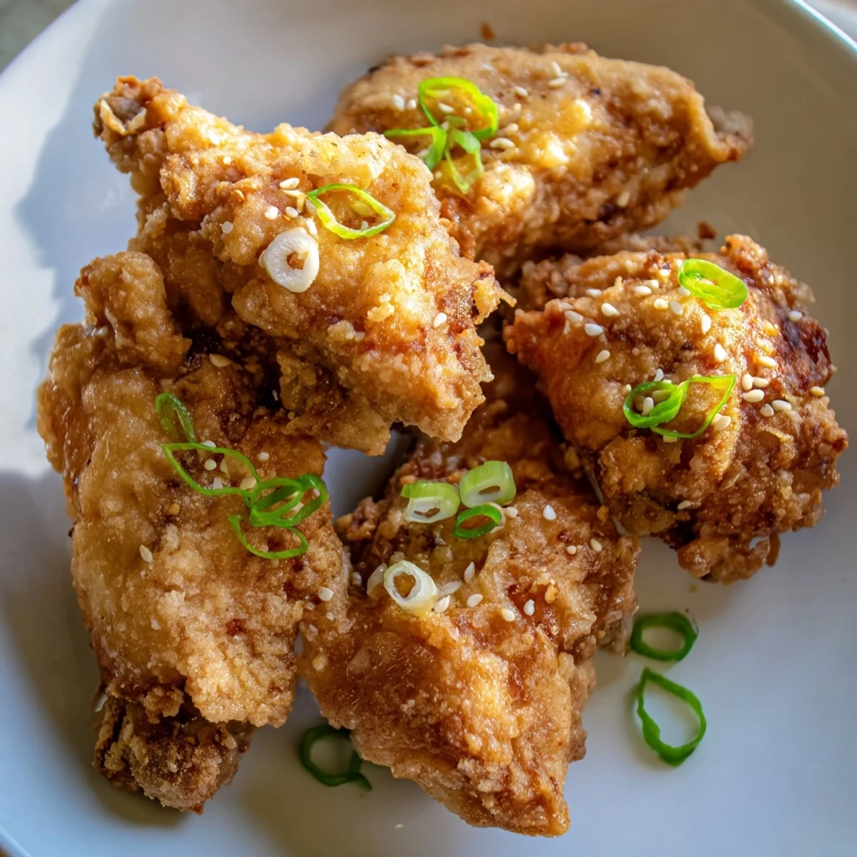 Plate of deep-fried Hawaiian mochiko chicken thighs with lemon wedges and sliced green onions for a tropical party appetizer