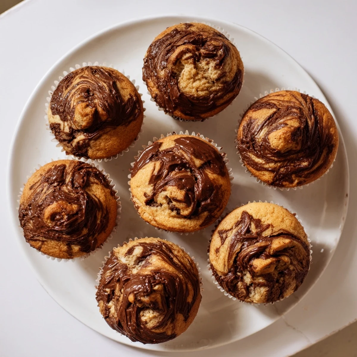 Moist banana muffins swirled with melted Nutella hazelnut spread ready for breakfast or dessert