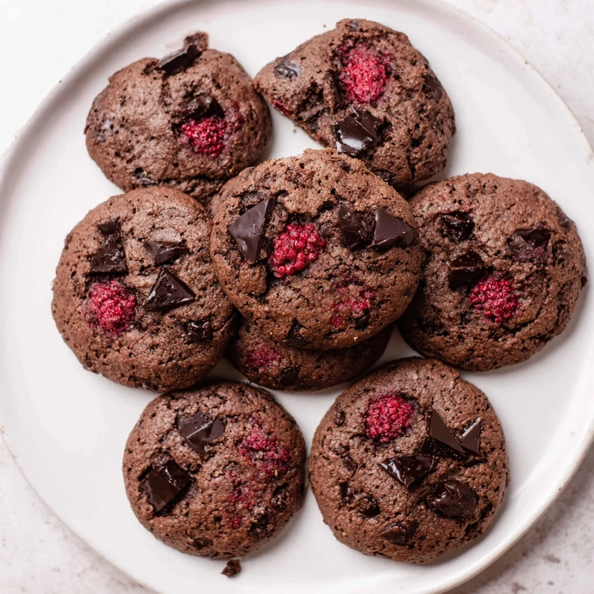 Chewy dark chocolate raspberry cookies fresh from the oven with melted chocolate chunks