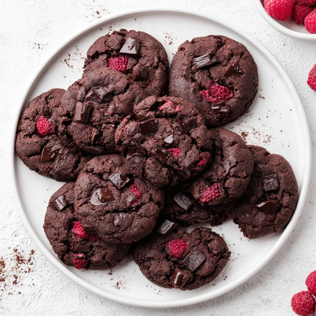 Plate of rich dark chocolate raspberry cookies featuring bright red berries and cocoa dough