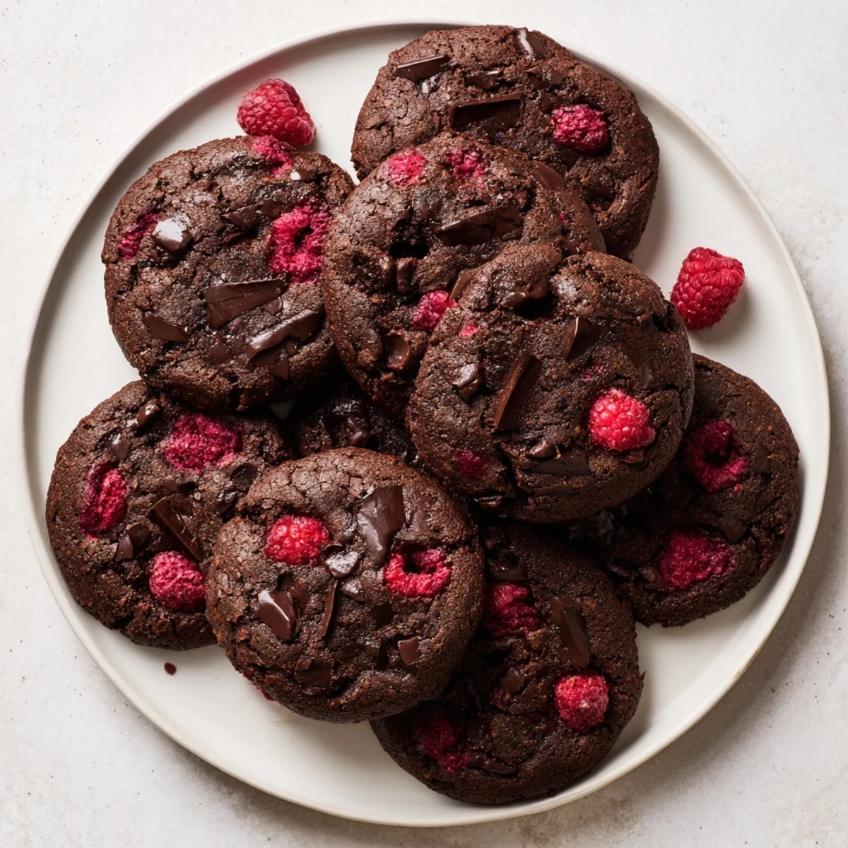 Close-up of dark chocolate raspberry cookies showing fudgy texture and scattered raspberries on top