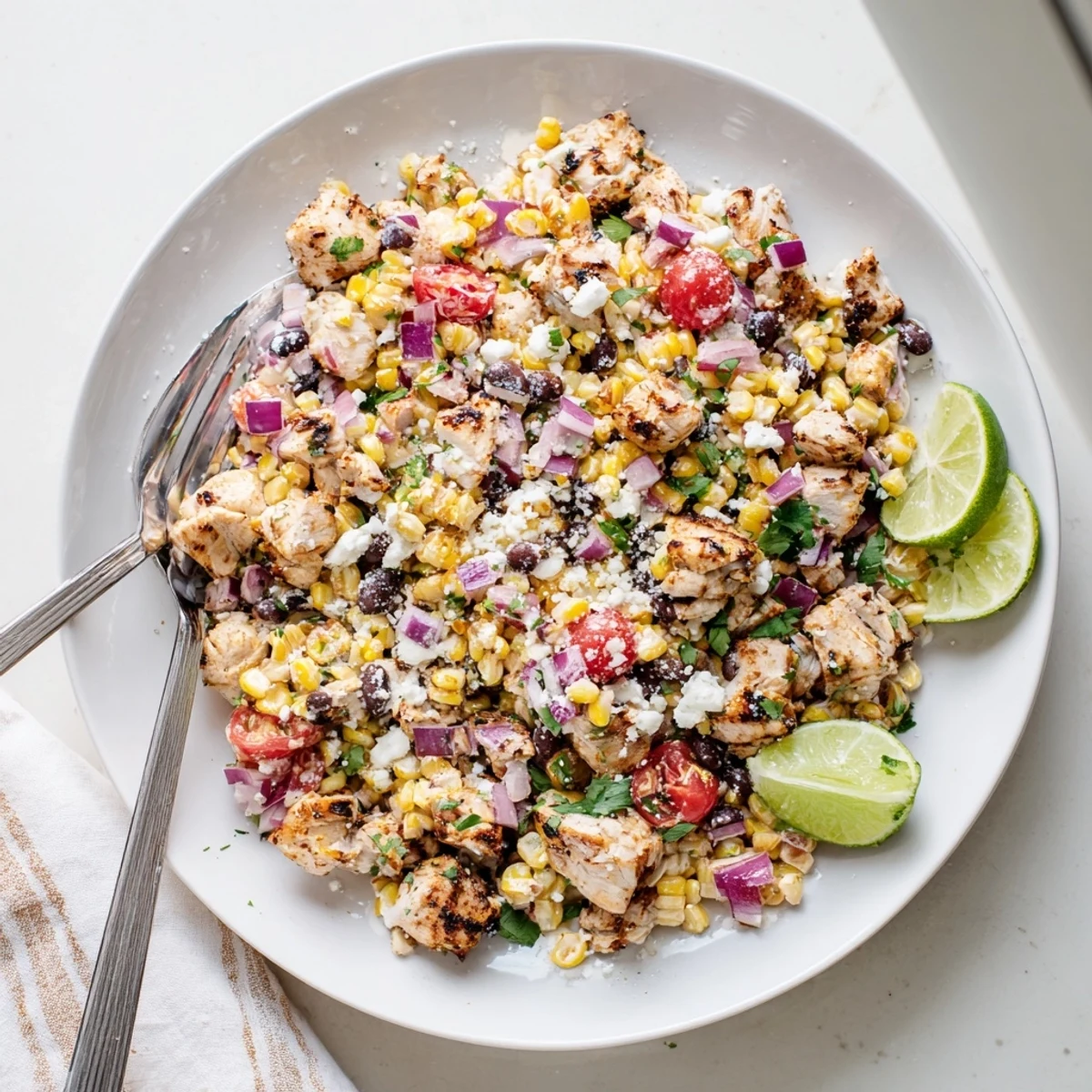 Colorful bowl of High Protein Chicken Street Corn Salad with grilled chicken, charred corn, black beans, tomatoes, and creamy dressing topped with crumbled cotija cheese and fresh cilantro