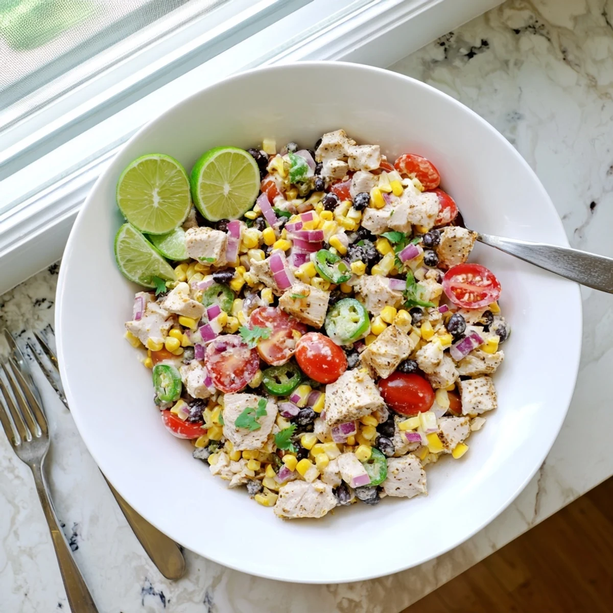 Vibrant chicken street corn salad plated in a white bowl, showcasing tender seasoned grilled chicken pieces, sweet golden corn kernels, black beans, cherry tomatoes, and tangy Greek yogurt dressing