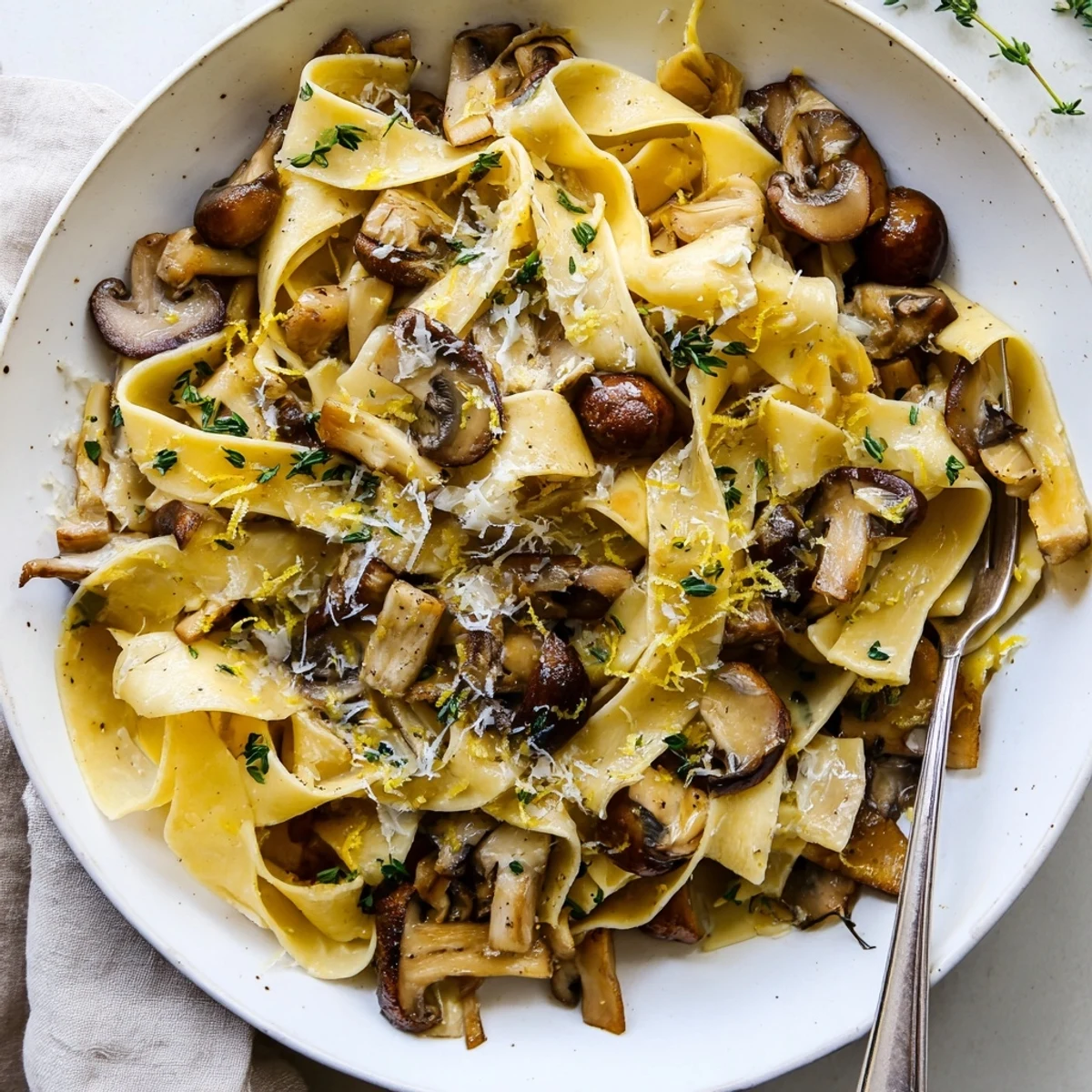 Golden garlic butter mushroom pappardelle pasta topped with fresh herbs and grated Parmesan cheese