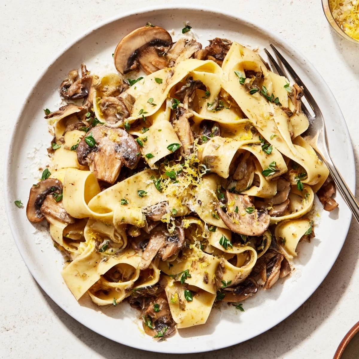 Wide ribbon pasta tossed with savory garlic mushrooms in a rich butter sauce with lemon zest