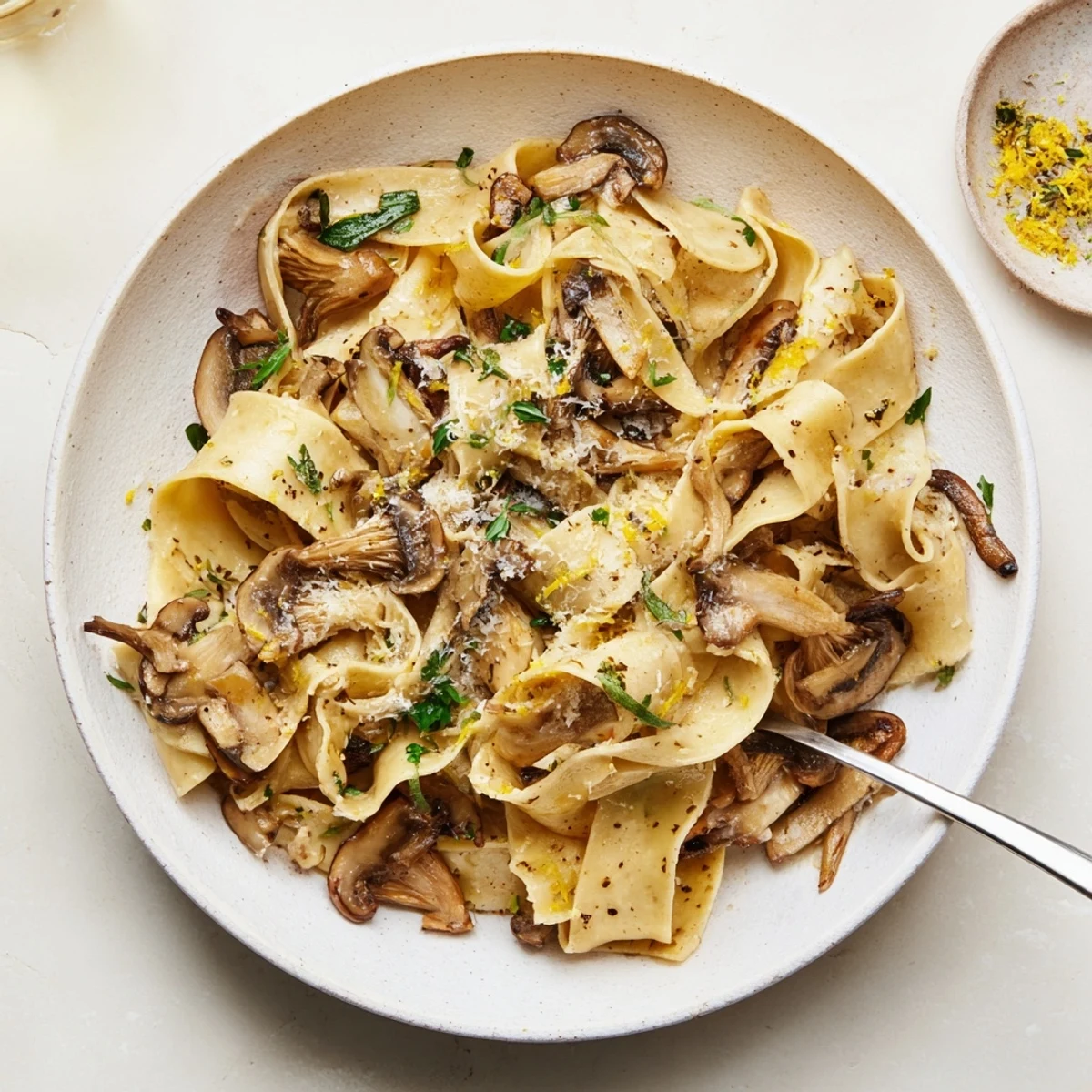 Comforting Italian pappardelle dish featuring golden brown mushrooms and aromatic garlic in silky butter sauce