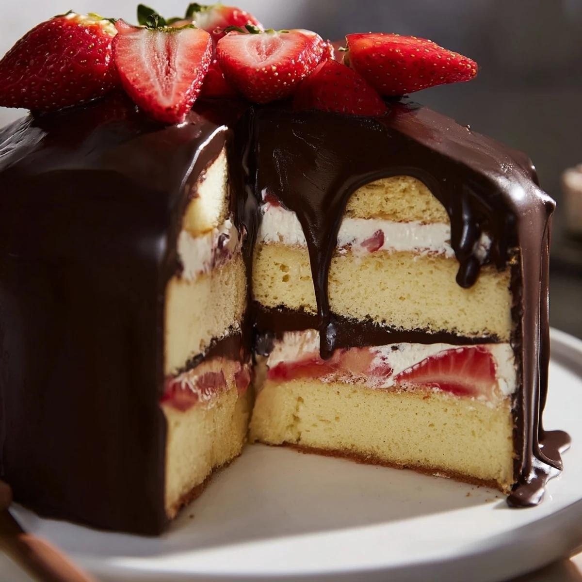 Glossy chocolate shell covers layered strawberry chocolate shell cake with whipped cream and fresh berry garnish