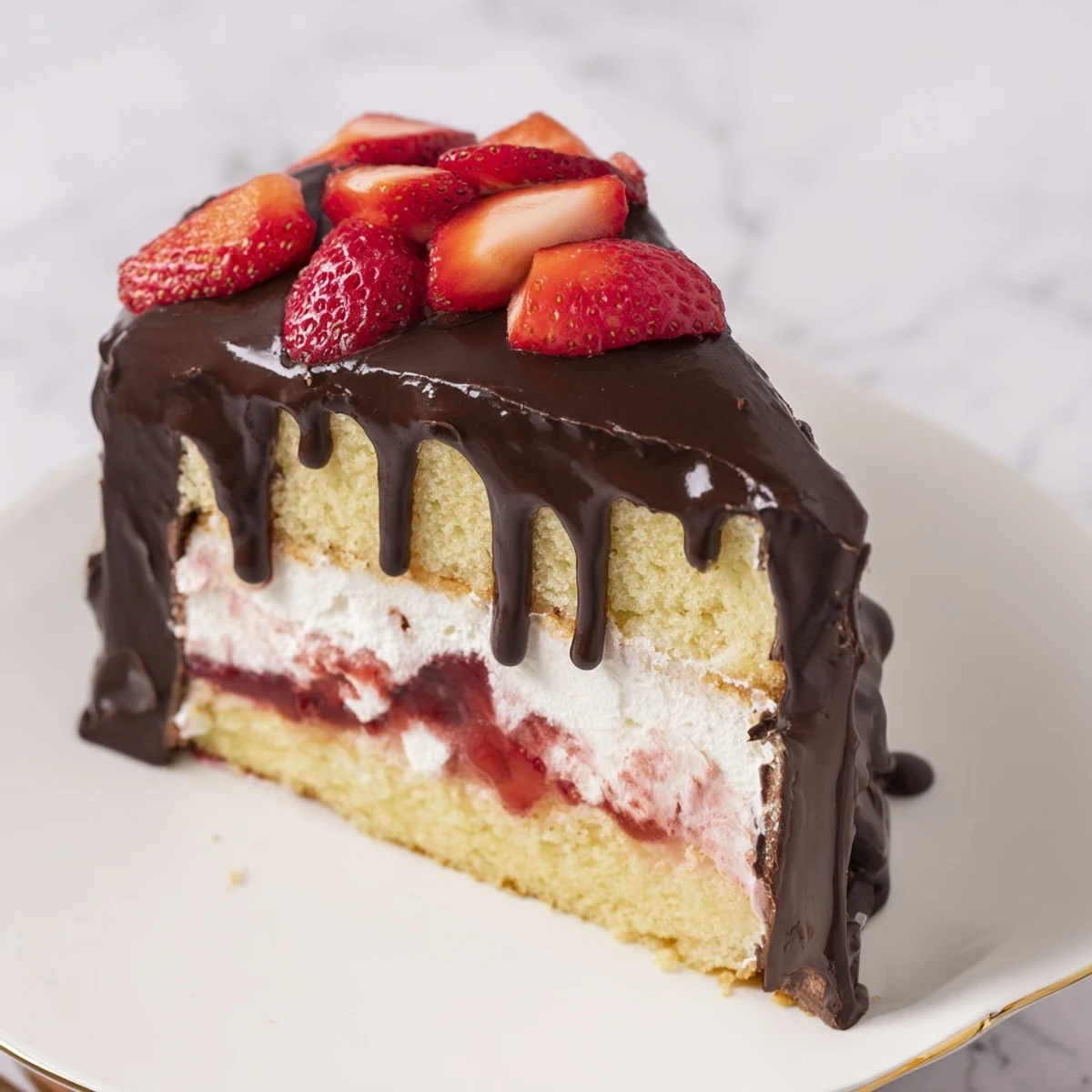 Slice of strawberry chocolate shell cake revealing tender vanilla sponge, sweet strawberry filling, and crackling chocolate coating