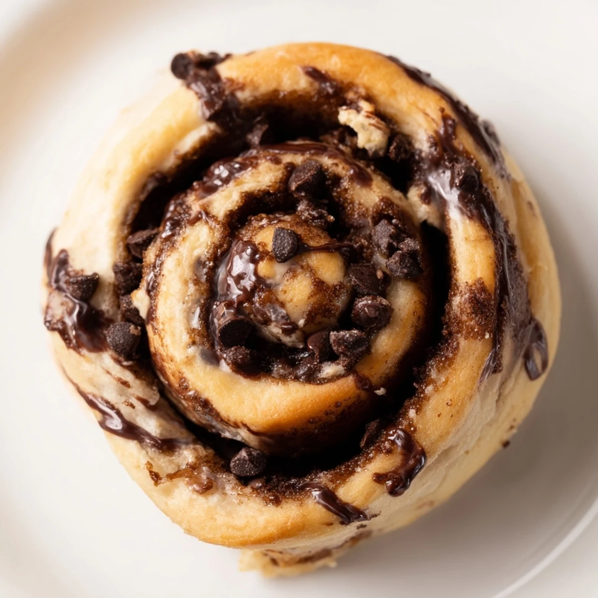 Freshly baked double chocolate cinnamon rolls with glossy chocolate glaze drizzling over warm spiraled layers