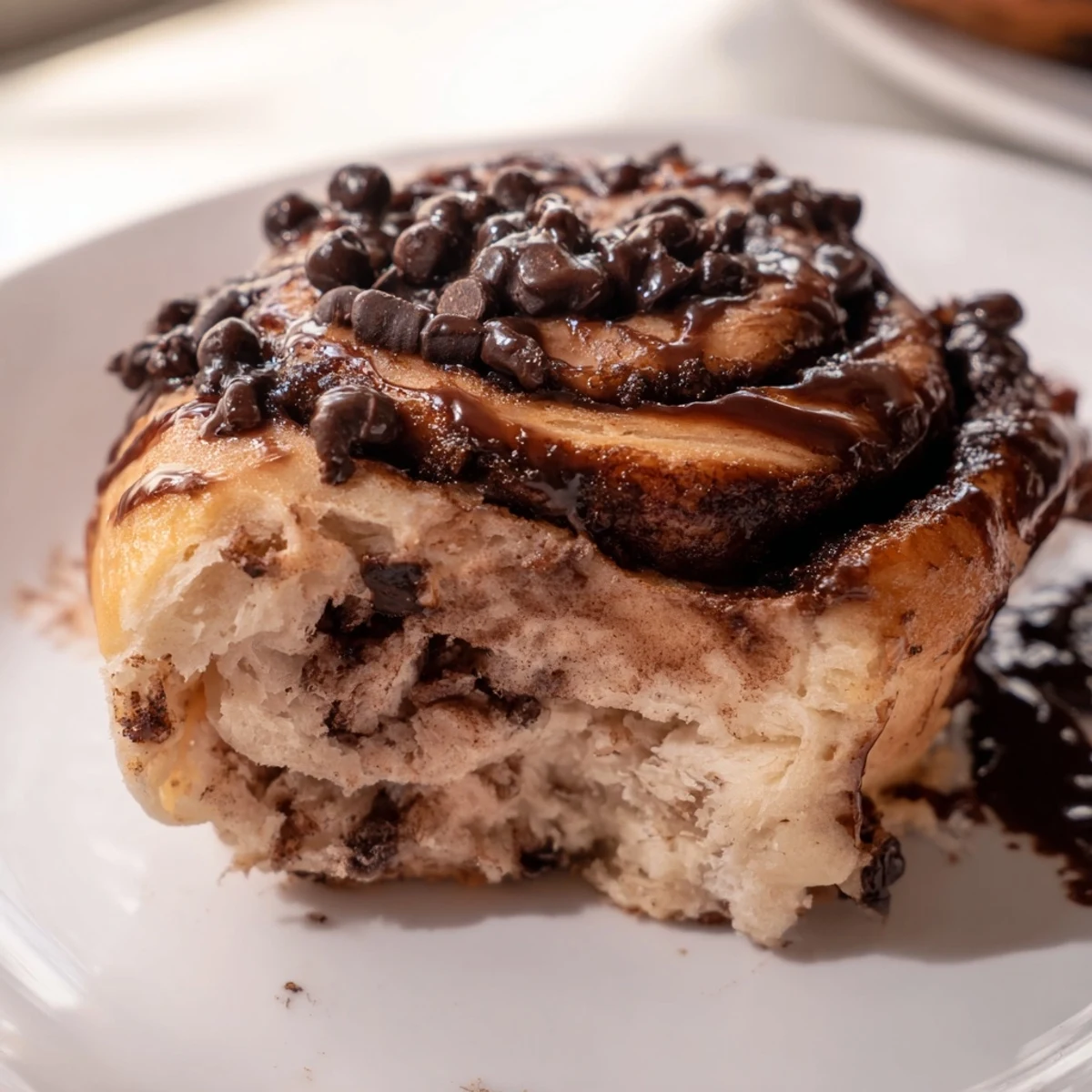 Golden double chocolate cinnamon rolls arranged in a baking dish topped with decadent chocolate frosting