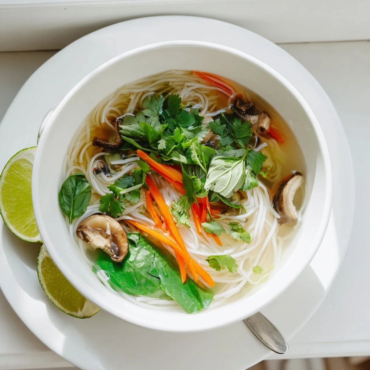 Steamy bowl of healing ginger garlic broth with rice noodles garnished with fresh cilantro and basil