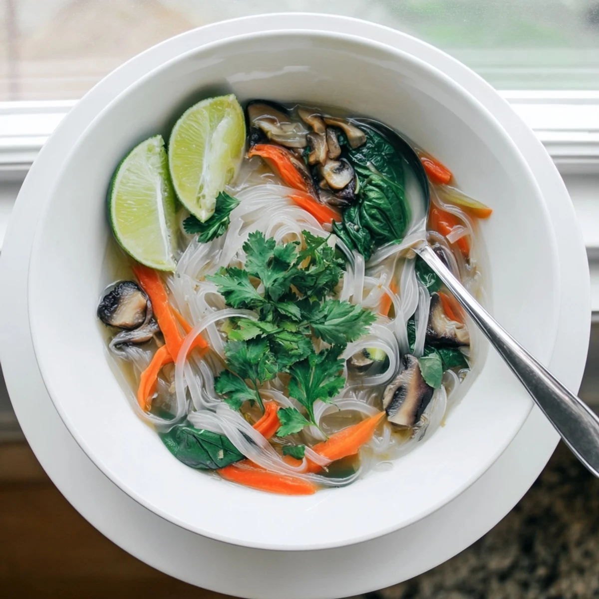 Comforting Asian-inspired soup featuring tender rice noodles in aromatic ginger garlic broth with vibrant spinach and carrots
