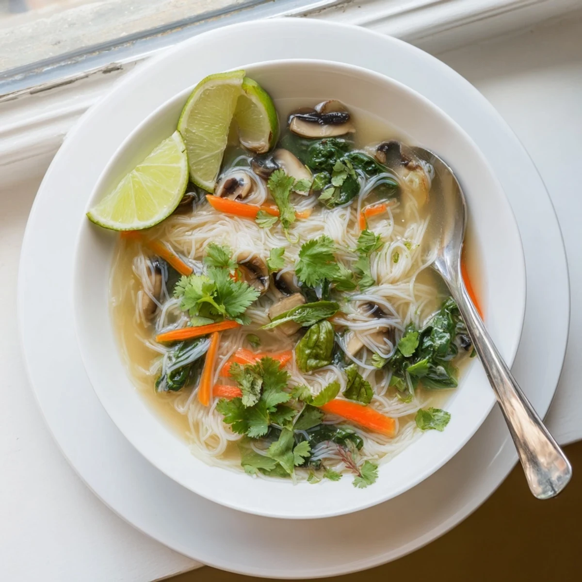 Golden vegetarian ginger garlic broth with rice noodles topped with lime wedges, mushrooms, and fresh herbs
