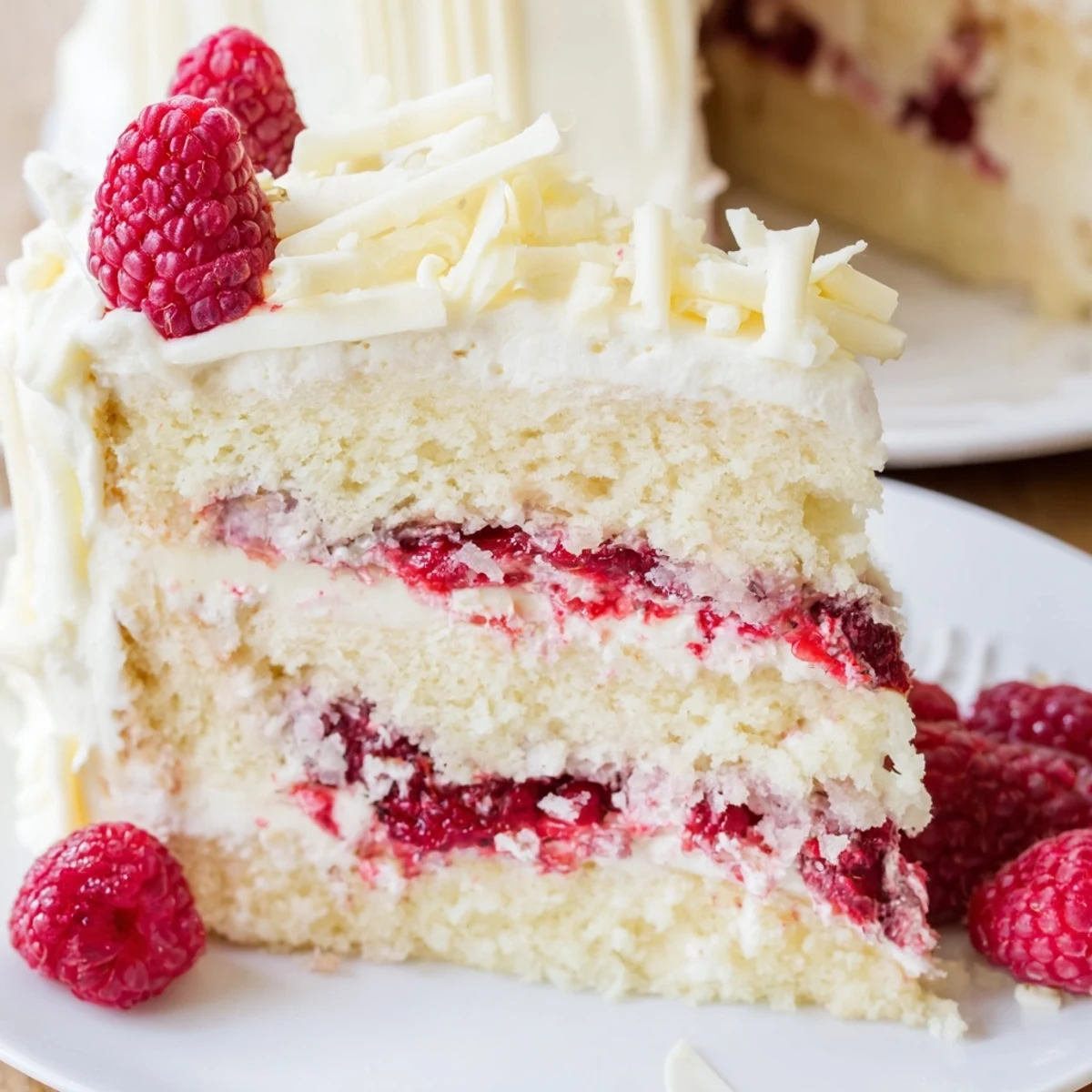 Slice of white chocolate raspberry cream cake with whipped cream topping and fresh raspberries