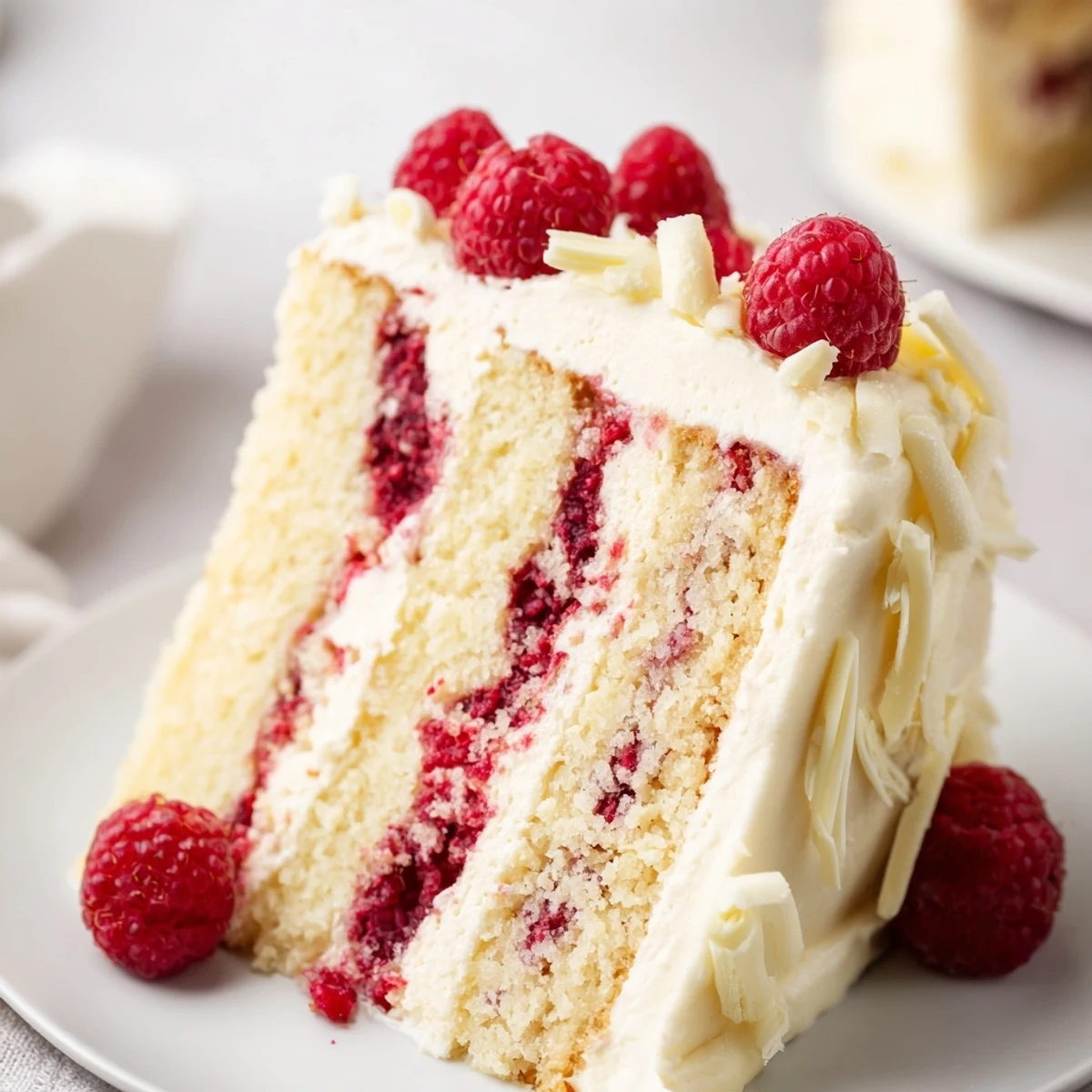 White chocolate raspberry cream cake sliced showing layers of vanilla sponge and tart berry compote