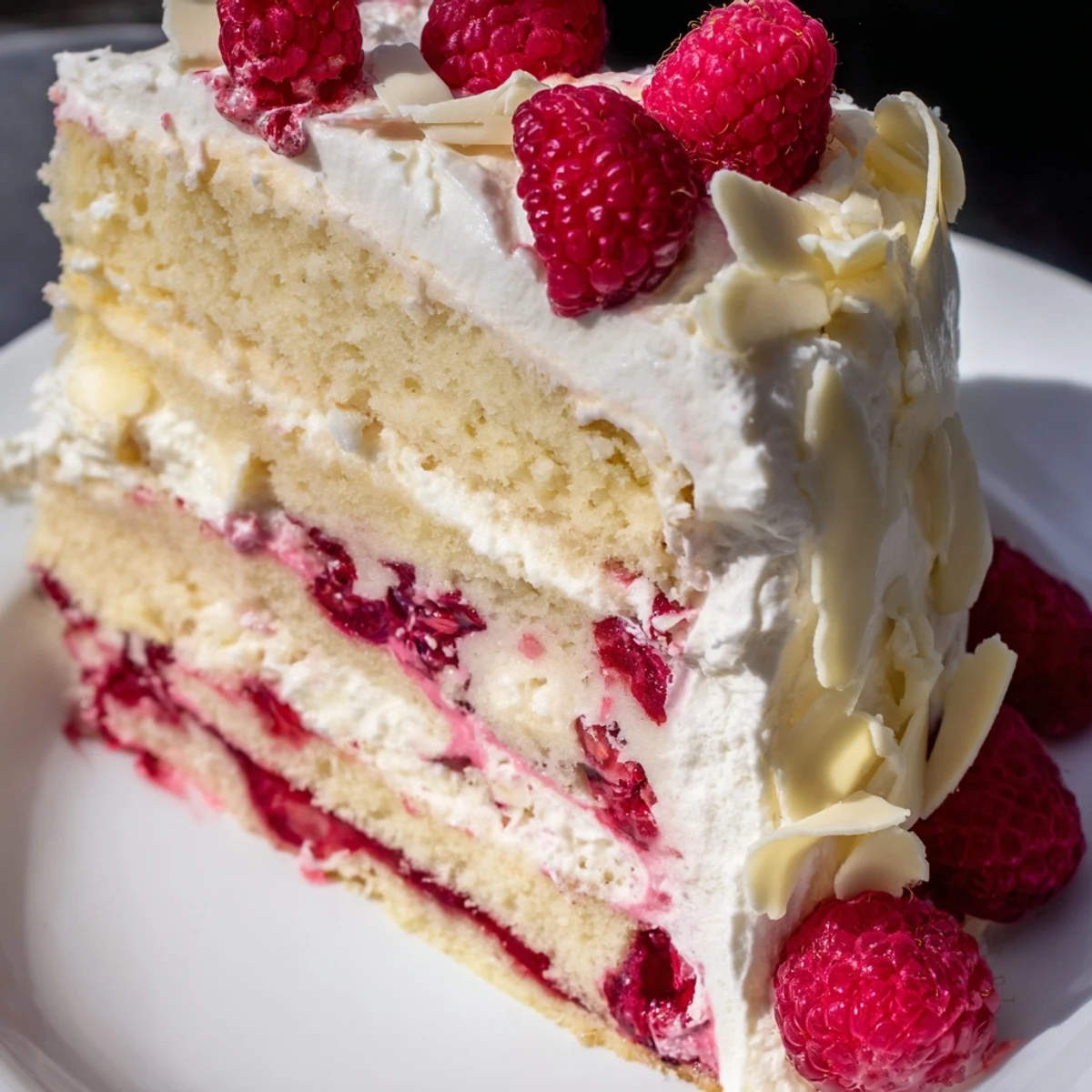Layered white chocolate raspberry cream cake on white plate garnished with chocolate curls