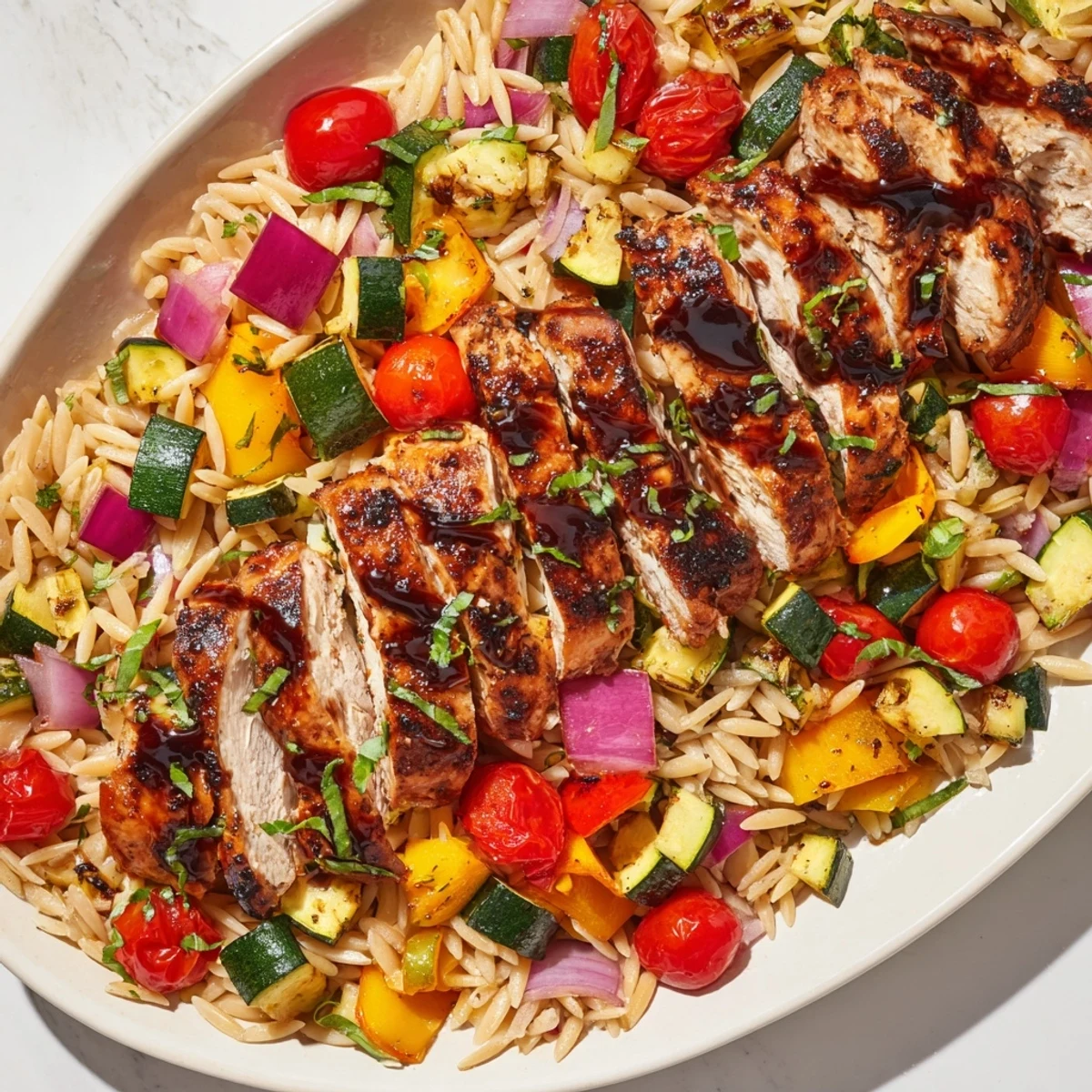 Tender chicken glazed in rich balsamic vinegar paired with zucchini peppers and Mediterranean orzo