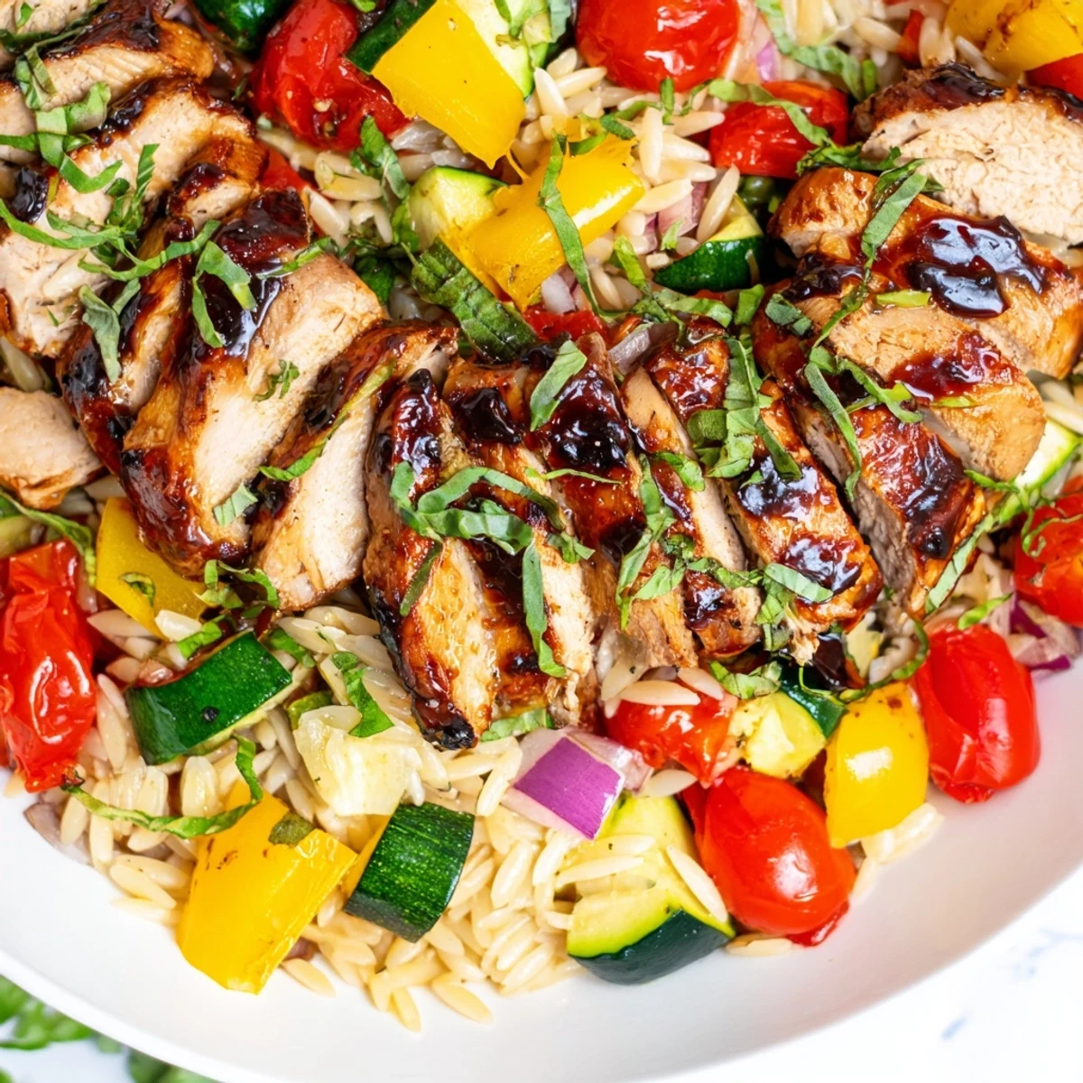 Golden balsamic chicken breast served atop colorful roasted vegetables and orzo pasta with fresh herbs
