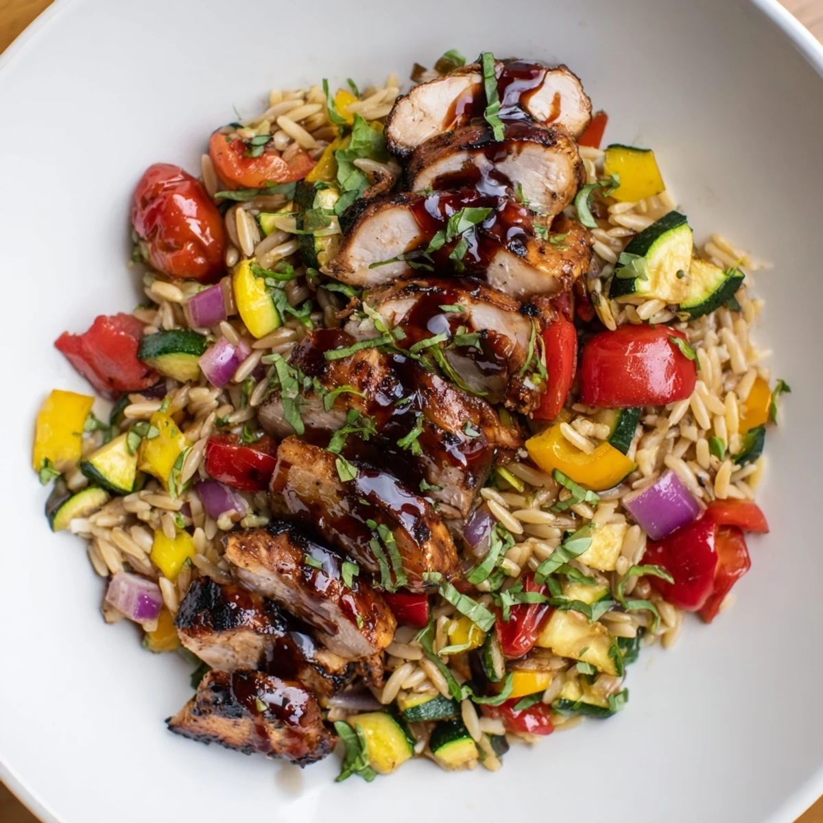 One-pan balsamic chicken and roasted vegetable orzo finished with parsley basil and bright lemon zest