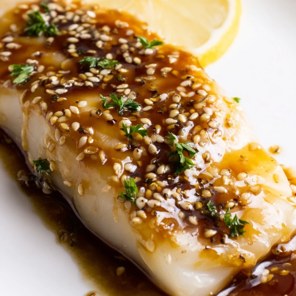 Golden baked cod fillets glazed with honey soy marinade on a white serving plate