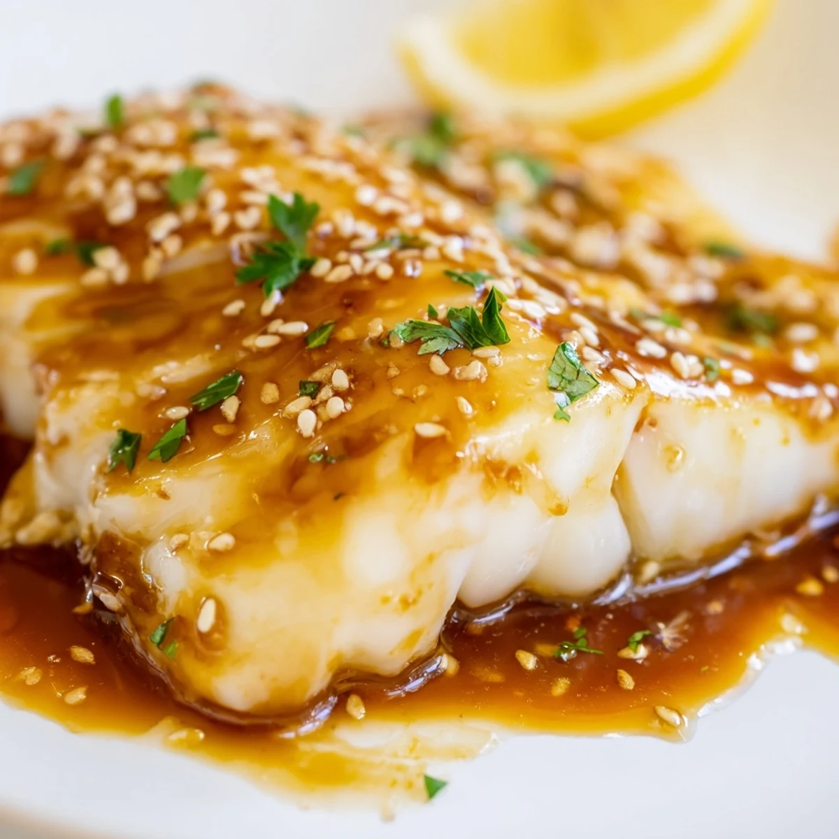 Flaky tender baked cod with honey soy sauce garnished with fresh parsley and sesame seeds