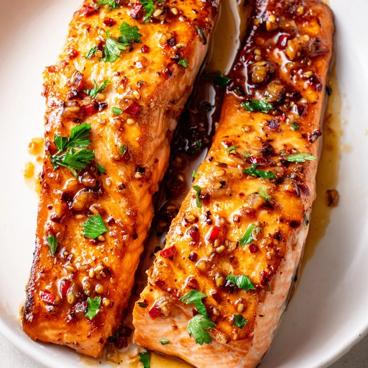 Golden honey garlic glazed salmon fillets with caramelized edges and fresh parsley garnish