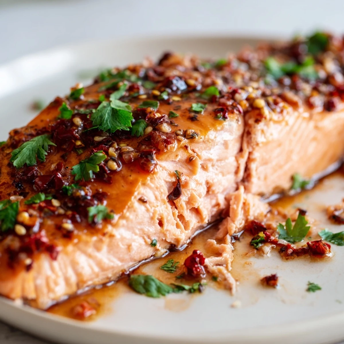 Pan-seared salmon in sweet savory honey garlic glaze served with lemon wedges on white plate