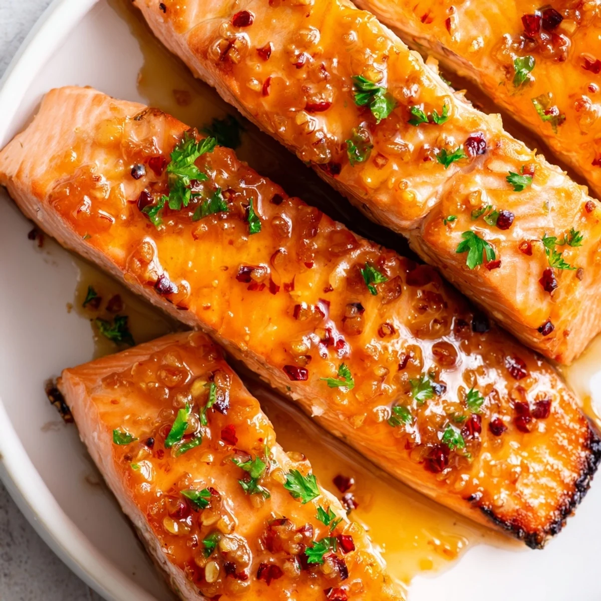 Flaky honey garlic glazed salmon drizzled with thick sticky sauce and dotted with red pepper flakes
