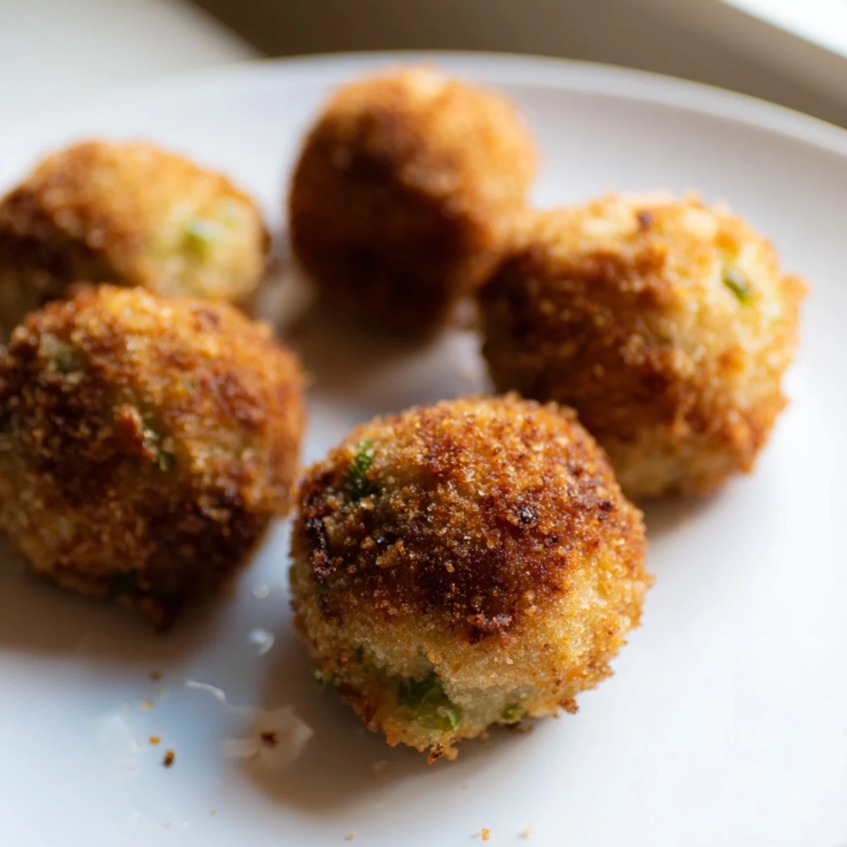 Close-up of fried Cheesy Fried Colcannon Balls showing gooey melted cheddar center