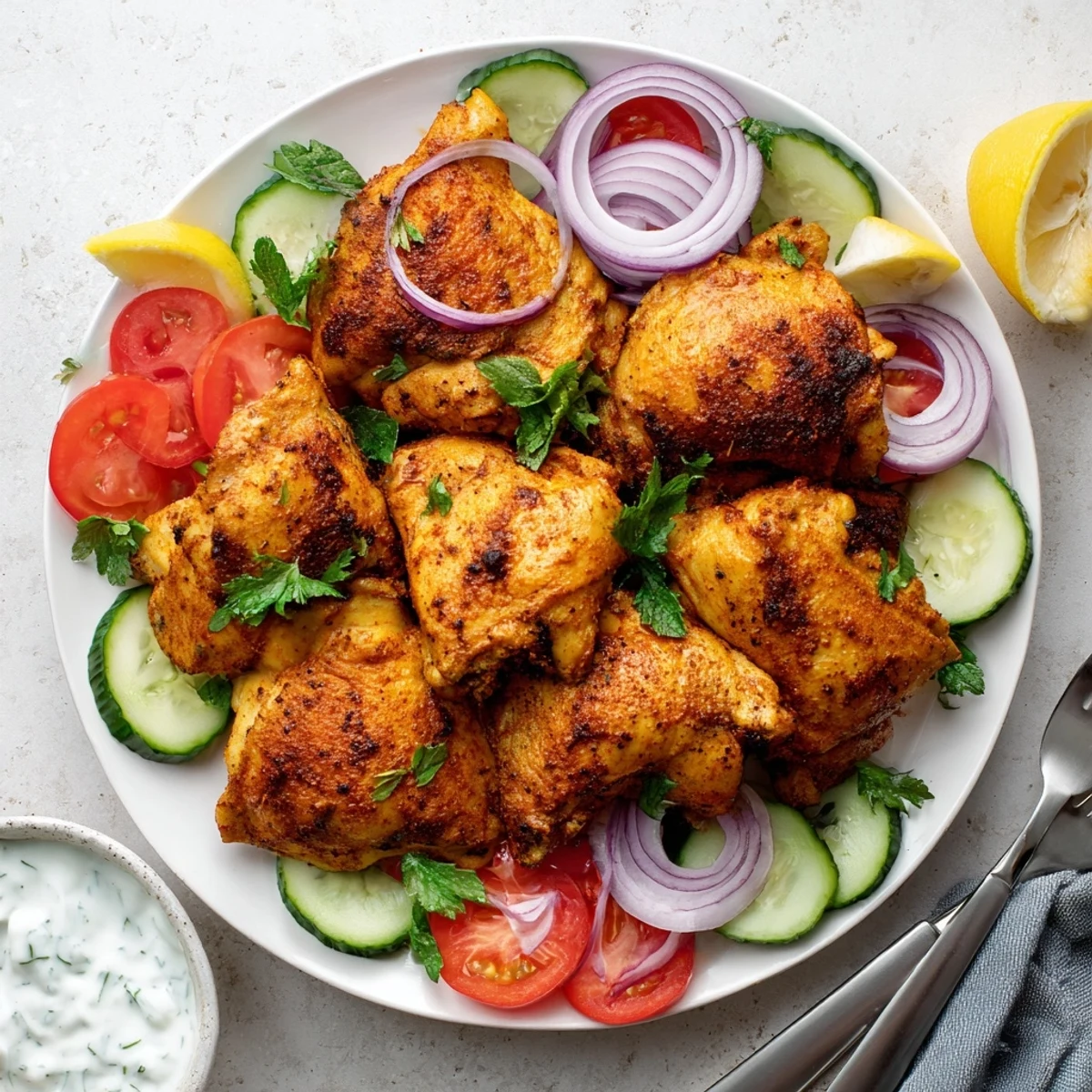 Golden Lebanese chicken thighs marinated in aromatic Middle Eastern spices served with creamy herbed yogurt sauce